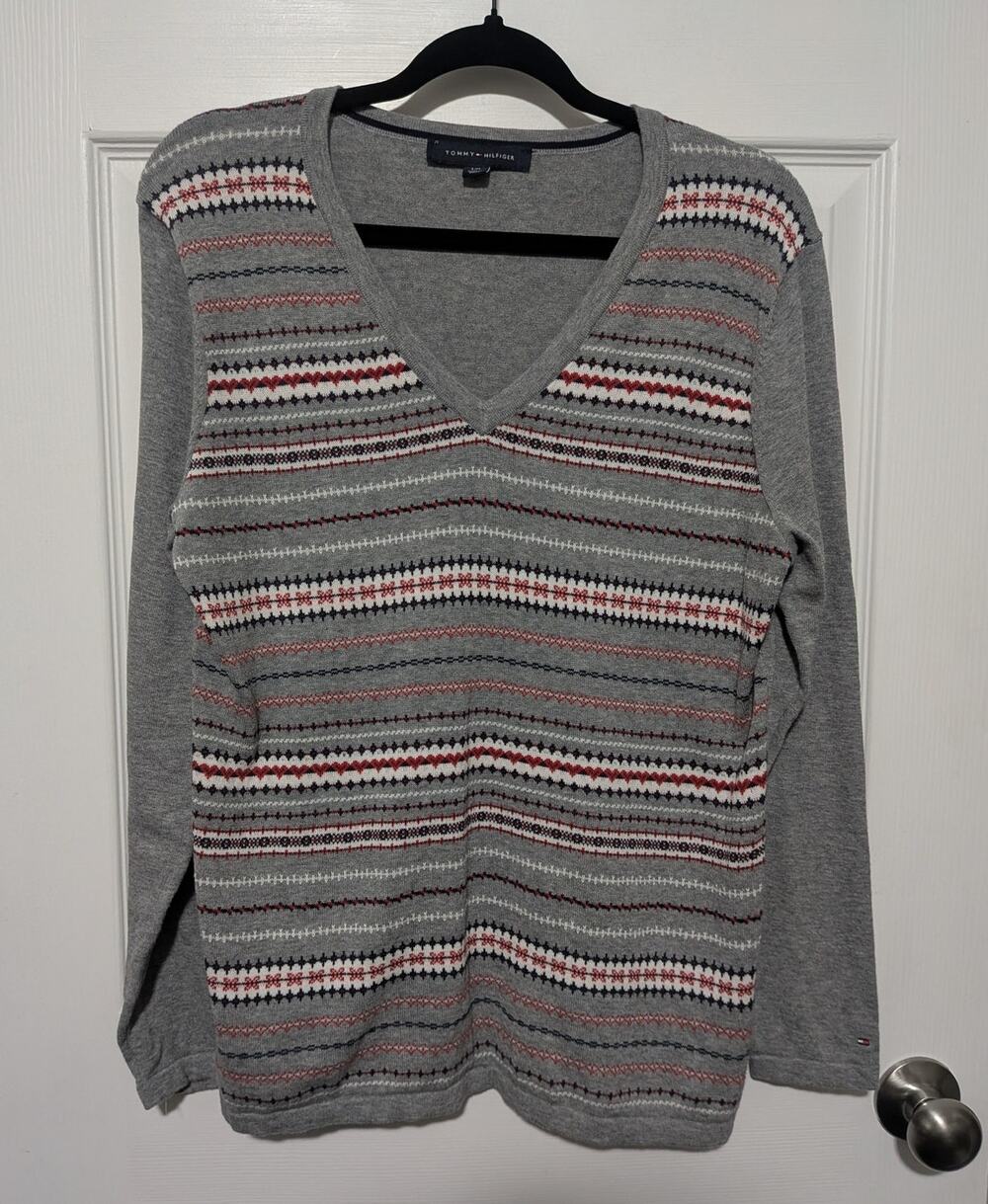 Tommy Hilfiger Ivy Float Knit V-Neck Sweater Women's Size Large Gray Striped